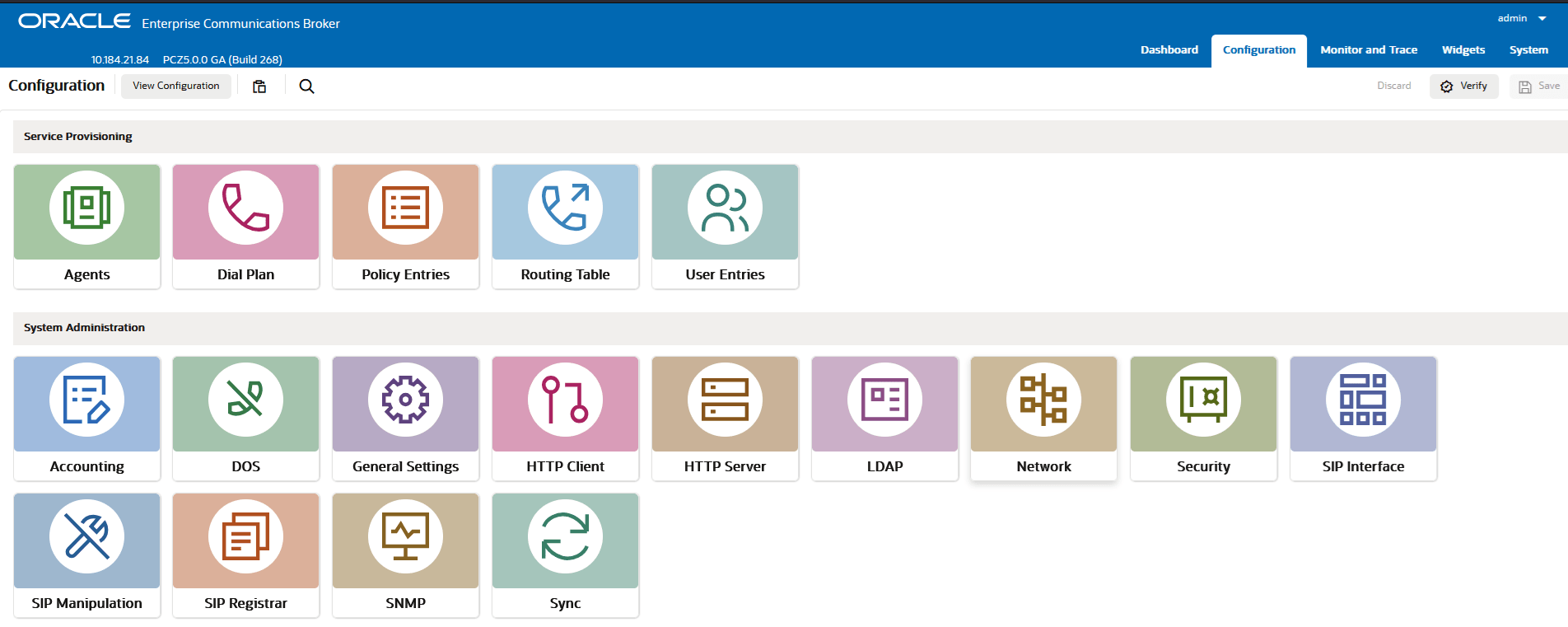 This screen capture shows the contents of the configuration tab, which now displays configuration category icons for both Service Provisioning and System Administration functions. This screen capture shows the contents of the configuration tab, which now displays configuration category icons for both Service Provisioning and System Administration functions.