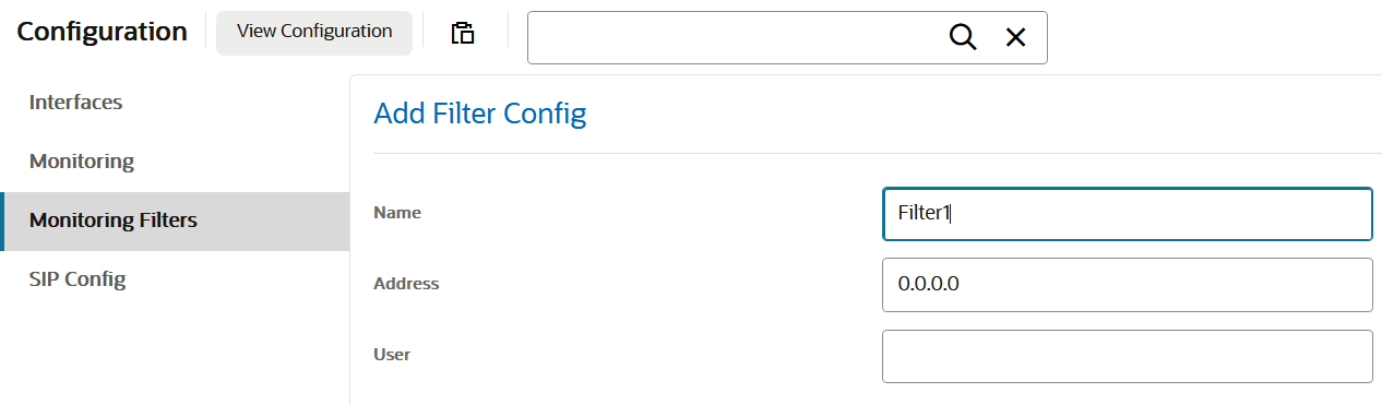 This screen capture shows the navigation pane of the Configuration tab, with the Monitoring Filters object highlighted, and displaying the filter config dialog. This screen capture shows the navigation pane of the Configuration tab, with the Monitoring Filters object highlighted, and displaying the filter config dialog.