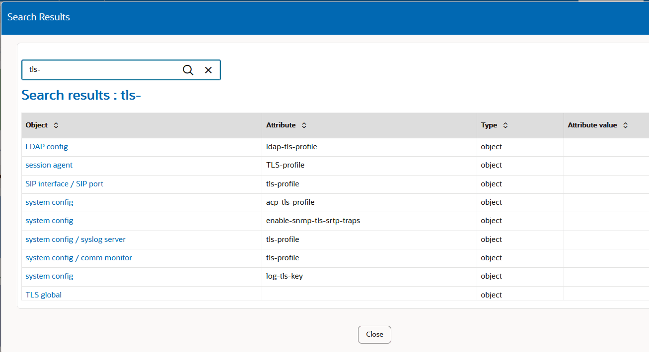 This screen capture shows the X button that the system adds to the search field when you search for a particular configuration.