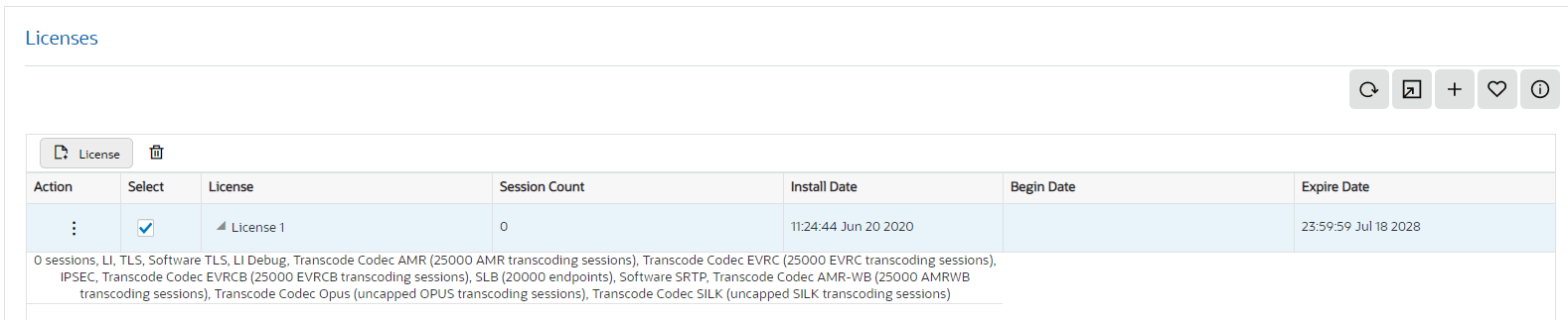 This screen capture shows an example of license details, which display in text below the selected license. The text states the number of allowed sessions and all features included in the license.