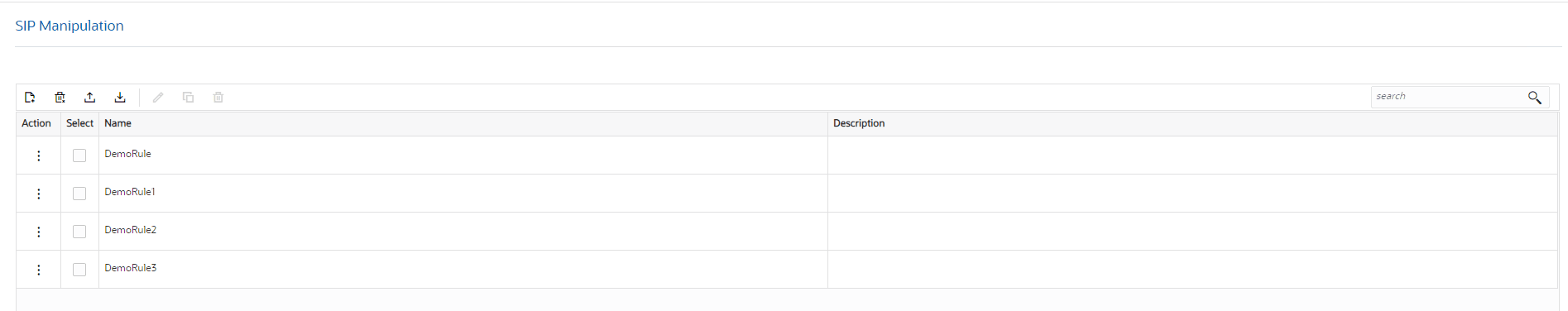 This screen capture shows the SIP manipulation page which dislpays manually configured Header Manipulation Rules.