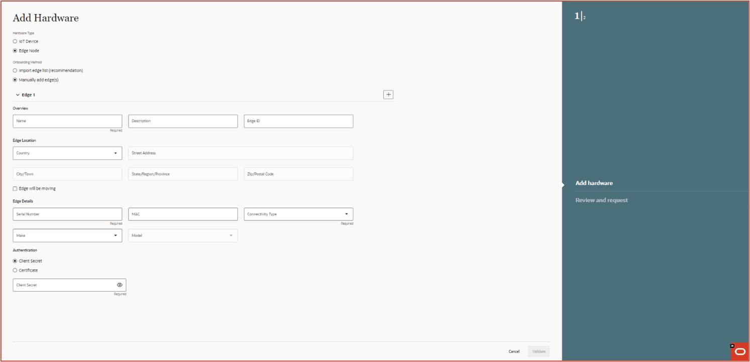 Onboarding screen showing the Edge authentication fields