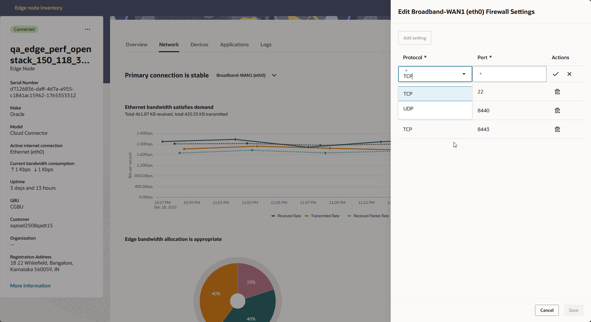 This image shows the process of adding a new firewall rule in the Broadband-WAN1 (eth0) Firewall Settings panel. The user is actively selecting the protocol and entering the port number for the new firewall rule.