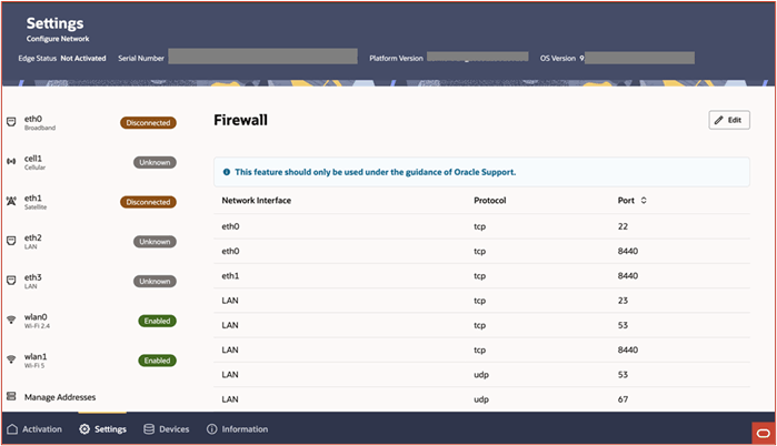 The image shows the firewall settings page displaying the current list of configured firewall rules for different network interfaces.