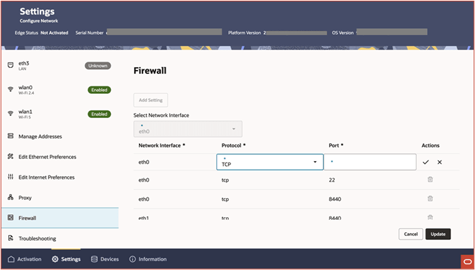The image shows the firewall settings page where a new firewall rule is being added by selecting the network interface, protocol, and port.