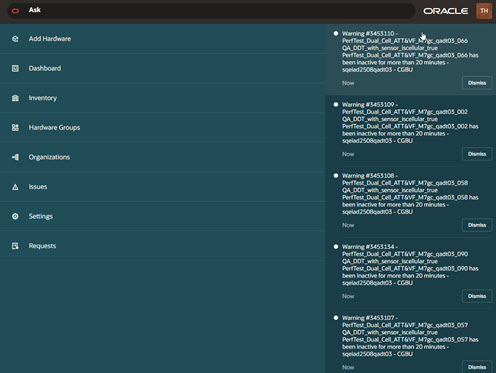 This screen capture shows an example of the Ask Oracle page with navigation links on the left and notifications on the right.