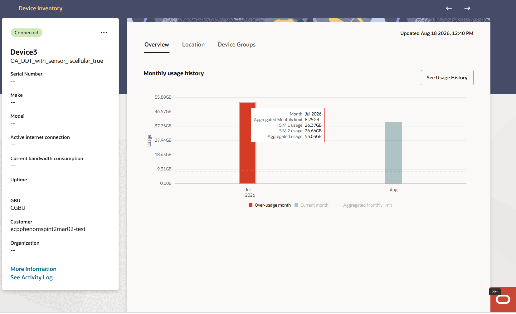 The screenshot displays the device details page with the left pane menu and the overview tab on the right pane with the monthly usage history.