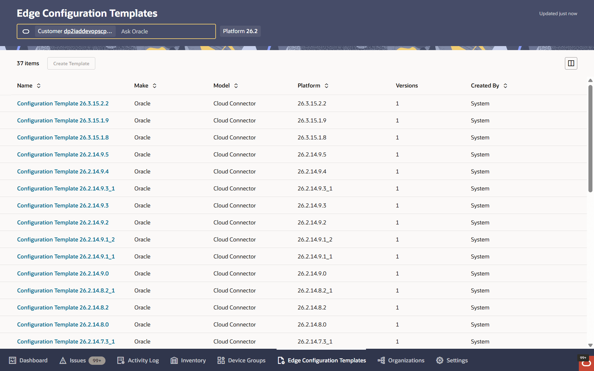 Configuration Templates for Edge Nodes page showing the list of available templates and columns such as Name, Make, Model, Platform, Versions, and Created By. Configuration Templates for Edge Nodes page showing the list of available templates and columns such as Name, Make, Model, Platform, Versions, and Created By.