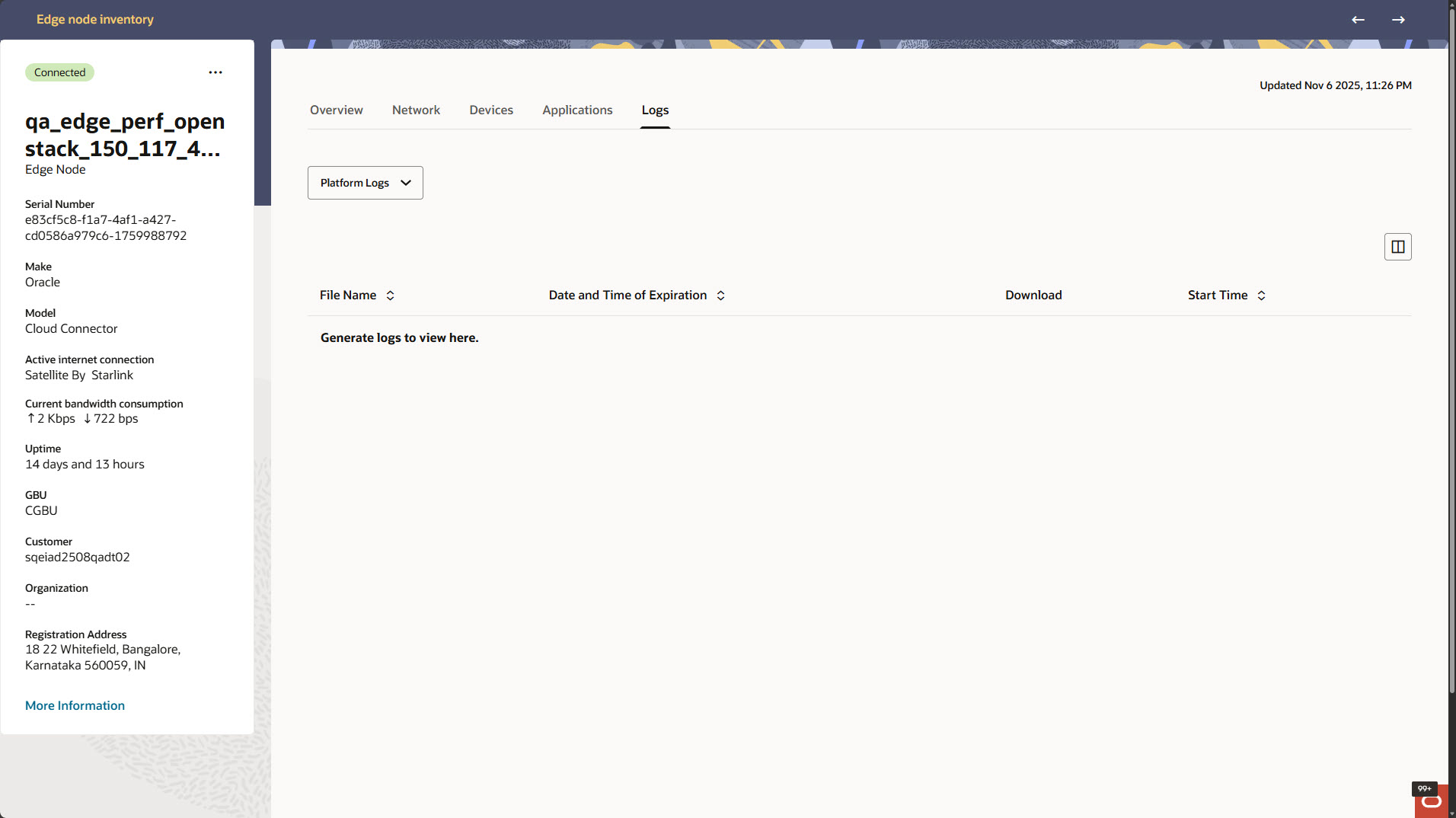 This screen capture shows an example of the Edge Nodes Log tab with a context chooser that displays platform log files. Each row displays the file name, the timestamp, and the download icon.