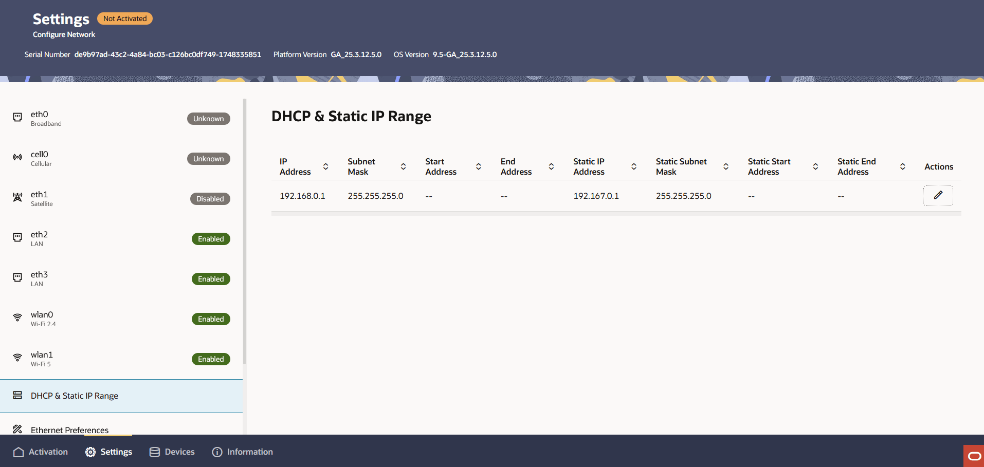 The screen graphic displays the DHCP Server Settings table with column headings IP Address, Subnet Mask, Starting IP Address, Ending IP Address, and Actions.