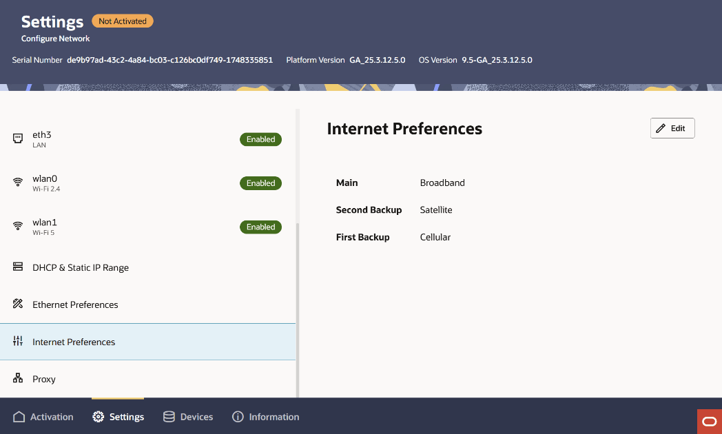 The screen capture displays the Internet Preference rows with default settings.