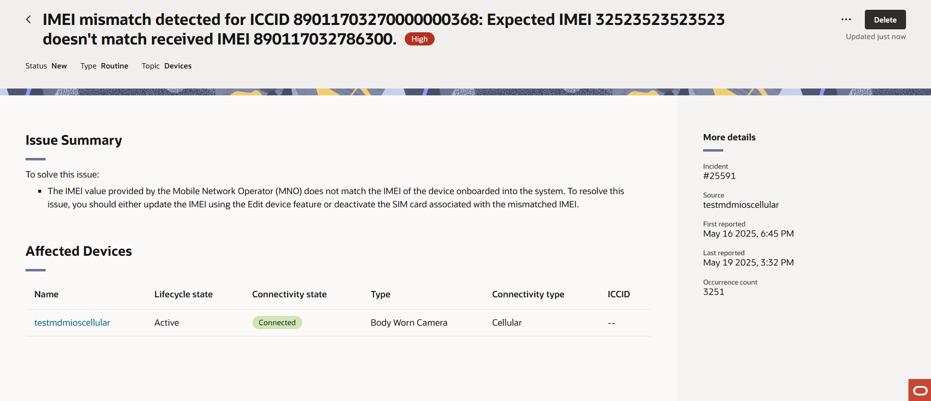 This screen capture shows the Issues Details Page for customer admin.
