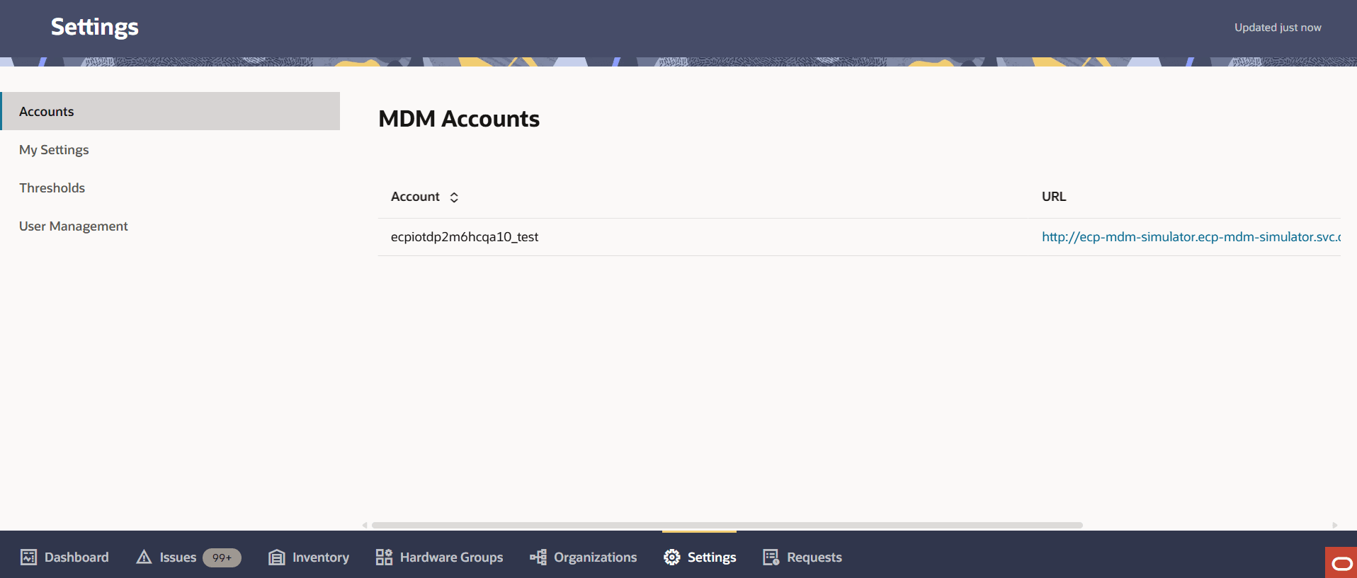 This screen capture shows an example of the MDM Accounts tab for the Customer Administrator role. This screen capture shows an example of the MDM Accounts tab for the Customer Administrator role.