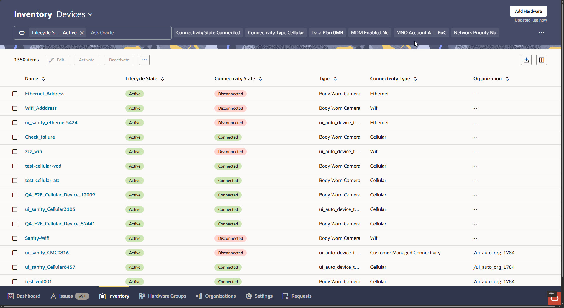 The Inventory Devices page shows a list of devices filtered by criteria displayed as chips at the top, such as lifecycle state and connectivity state based on the context from Dashboard page.