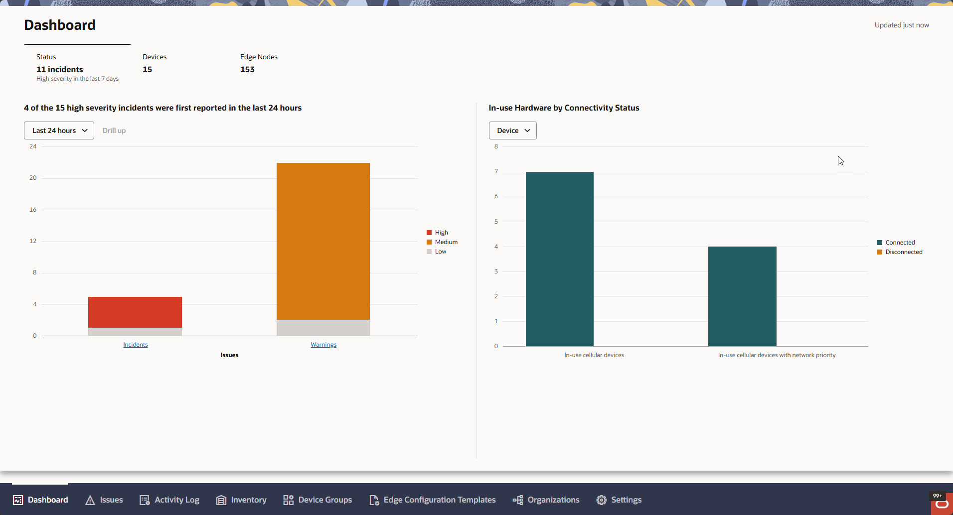 The Status tab on the Dashboard page for a Customer Admin. The page displays operational status information for the customer environment, including the Issues chart and the In-Use Hardware by Connectivity Status chart. The Status tab on the Dashboard page for a Customer Admin. The page displays operational status information for the customer environment, including the Issues chart and the In-Use Hardware by Connectivity Status chart.