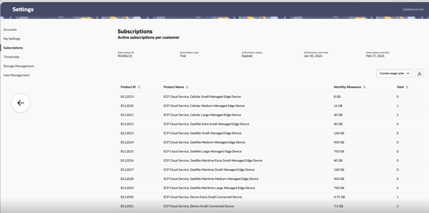 This screenshot shows an example of the Subscriptions page.
