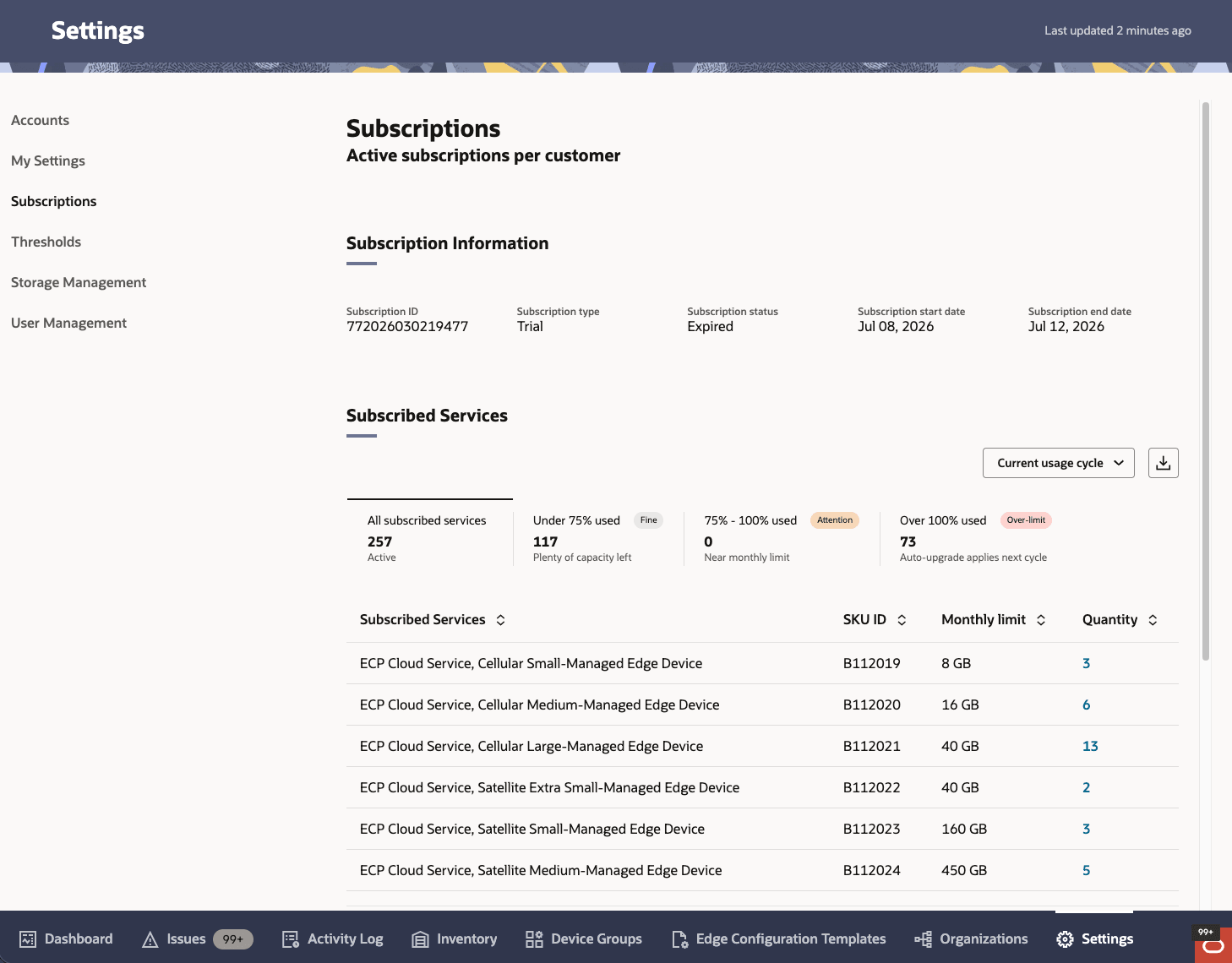 This screenshot shows an example of the Subscriptions page. This screenshot shows an example of the Subscriptions page.