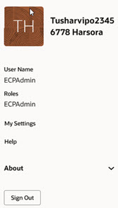 This screen capture shows the user menu that displays when you click your initials on the Ask Oracle page.