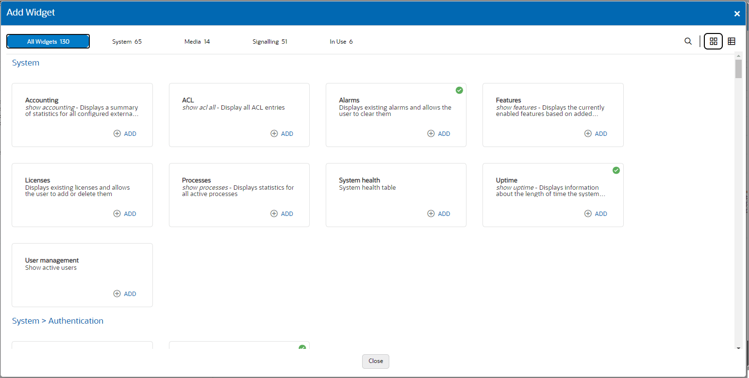 This screen capture shows the add widget page in card view. It shows the page controls at the right end of the banner and it shows the search filters in the left corner just above the top row of cards. Each card contains the Add button.
