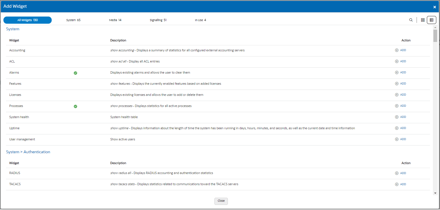 This shows the list view of the Add Widgets page. t shows the page controls at the right end of the banner and it shows the search filters in the left corner just above the top row of the list. Each row contains the Add button at the end of the row.