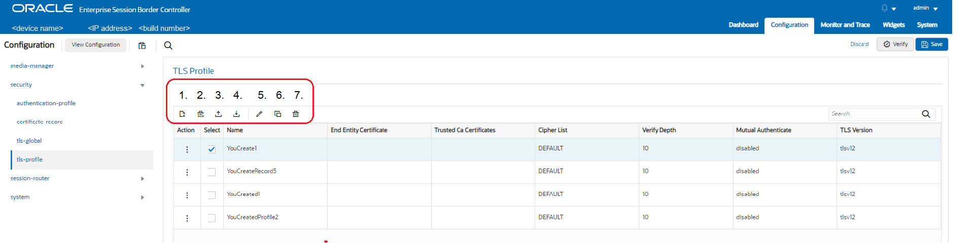 This screen capture shows Add, Delete All, Upload, Download, Edit, Copy, and Delete one row buttons that display above a multi-instance configuration list.