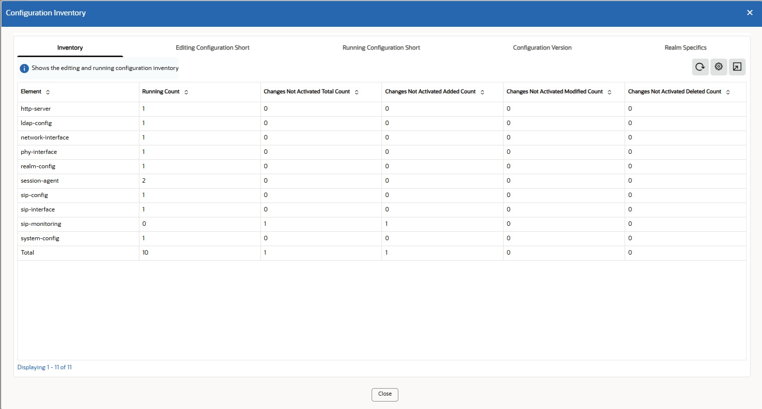 This screen capture shows the default landing page after you click View Configuration. It shows the default page, titled Inventory, and the other available tabs described in the text that follows this screen capture.