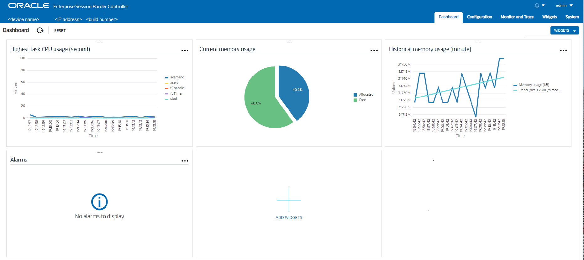 This screen capture shows the OCSSC Dashboard, which displays Widgets and the controls you use to add, refresh, and reset them.
