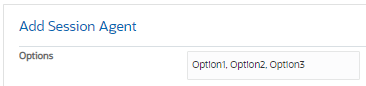 This screen capture shows the Options text box with Option 1, Option 2, and Option 3 entered as text separated by commas.