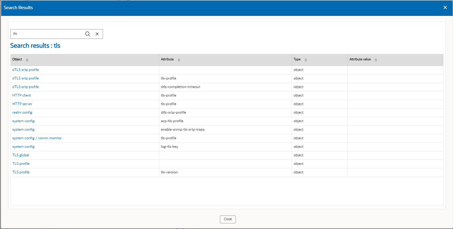 This screen capture shows the configuration search text box where you enter the name, attribute, or value that you want to search for.