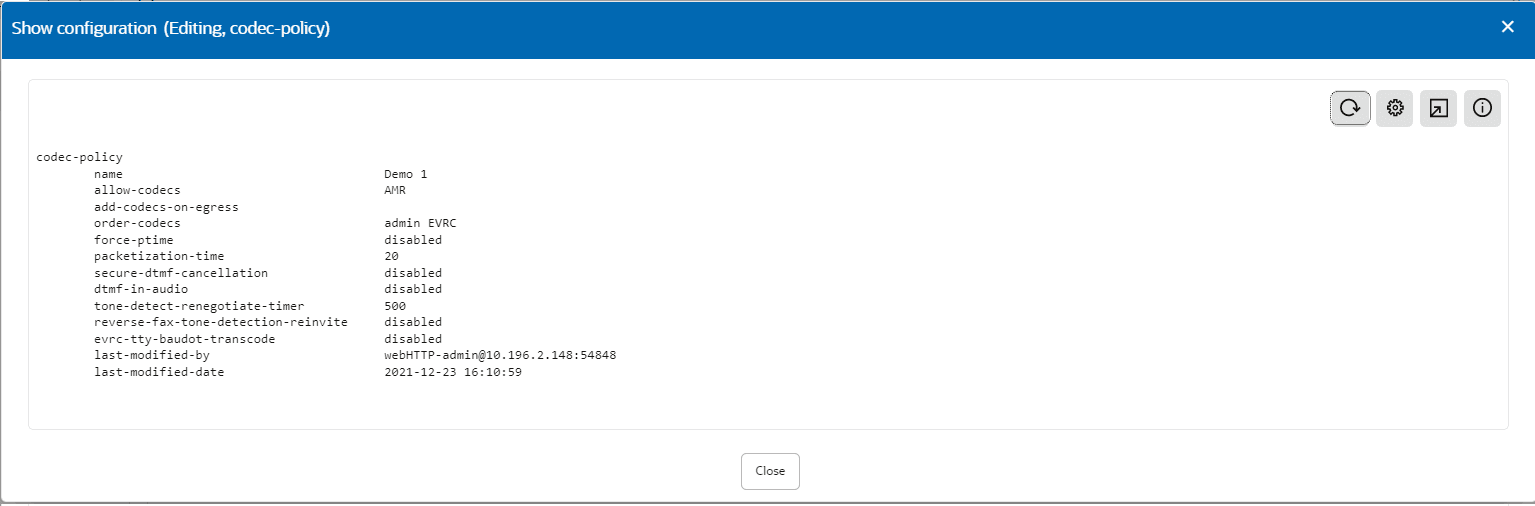 This screen capture shows an example of how the Web GUI displays an edited configuration. It shows only the edited parameters.
