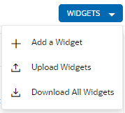 This screen capture shows the selections displayed on the Widgets action menu. The actions are Add a Widget, Upload Widgets, and Download All Widgets.