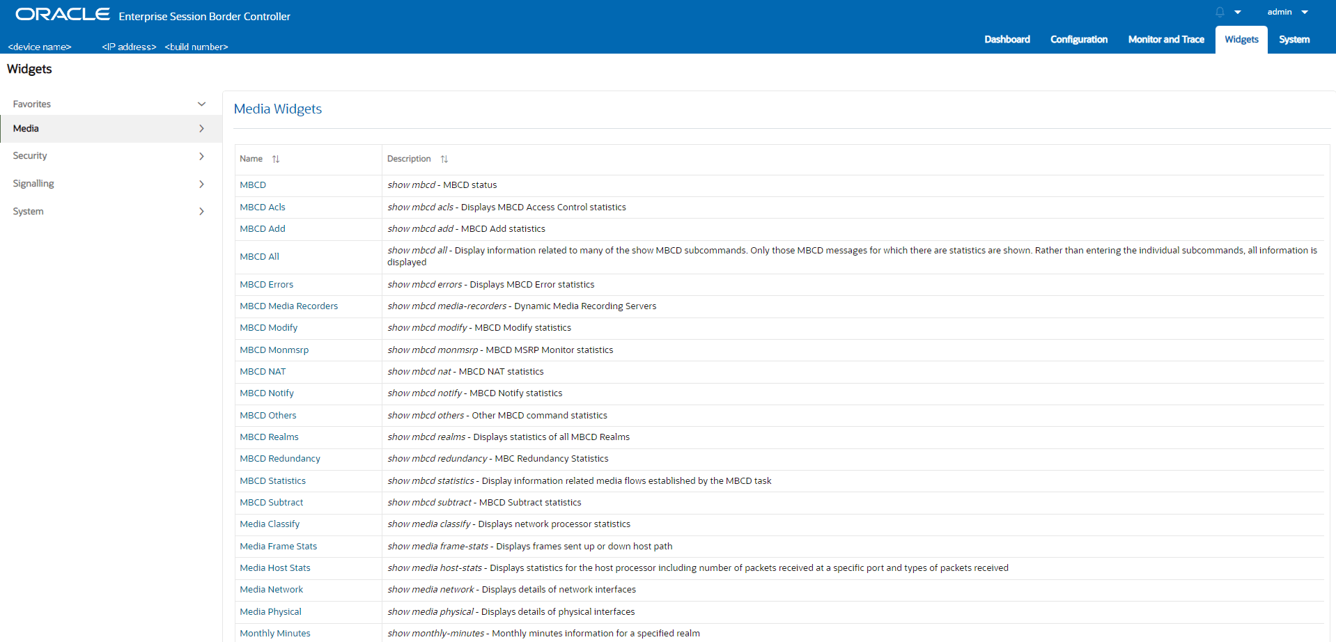 This screen capture shows an example of the center pane after clicking Media in the navigation pane. The center pane displays a list of Media widgets in alphabetical order. For each one, the center pane displays the corresponding ACLI show command and a description of the information.