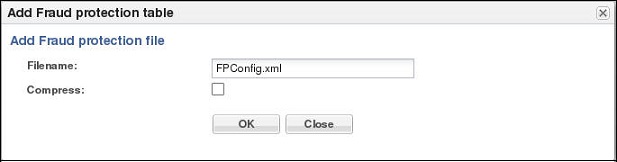 This image is a screen capture of the add fraud proteciton table dialog. Here you enter the name and extension of the file that you want to add. The dialog displays a check box that you can select to compress the file.