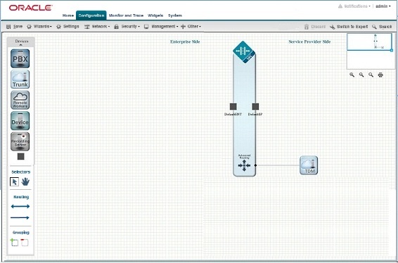 This image is a screen capture of the basic mode workspace. The workspace displays the SBC in its center, and the icons that you can drag onto the workspace are displayed in a vertical arrangement at the lefthand side of the workspace. The area to the left of the SBC is the enterprise side of the network and the area to the right of the SBC represents the service provider side of the network.