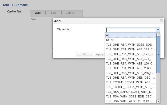 This image is a screen capture of the list of ciphers you can add to the TLS profile by way of the cipher list drop down list. You can select individual ciphers, all ciphers, or none.