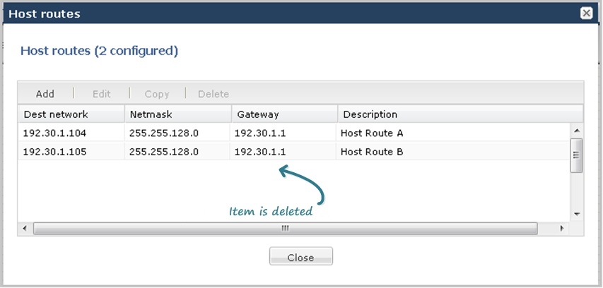 This image is a screen capture that displays an arrow pointing to where an item was deleted from the host routes list.