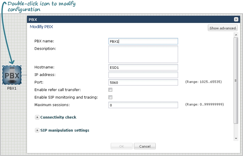 This screen capture shows the basic mode workspace after right-clicking the PBX icon. The workspace displays the modify pbx dialog, where you enter the PBX identifiers and SIP manipulations. This dialog also displays the connectivity check parameters.