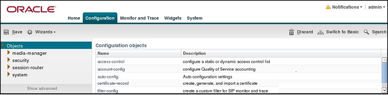 This image is a screen capgture of the Configuration tab and navigation panes. The objects navigation pane on the left hand side of the screen groups the configuration objects by type. The configuration objects pane lists all configuration objects and sub-objects alphabetically.