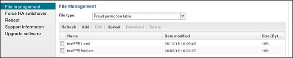 This image is a screen capture of the fraud proteciton file management table page. Here you can select fraud protection table as the file type. You can refresh, add, edit, upload, download, and delete items in the list on this page.