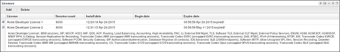 This image is a screen capture showing a sample display of license details the SBC displays when you choose to view the license details. Details include the license type, session count, installation date, begin date, and expiration date..