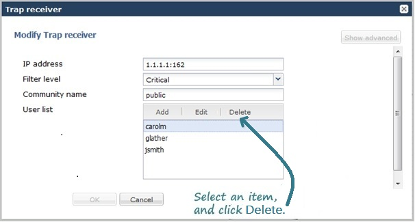 This image is a screen capture in which an arrow points to the location of the delete button in the header of a multi-instance confiugration object.