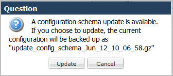 This image is a screen capture of the schema update prompt wihch shows the name of the backup file and contains the update and cancel buttons.