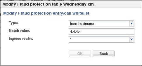 This image is a screen capture of the fraud protection whitelist entry dialog. Here you select a file type, the match valur, and the ingress realm to associate with the select whitelist.