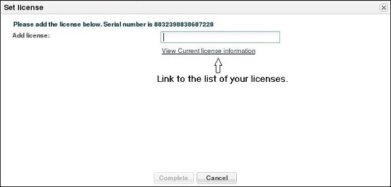 This image is a screen capture of the Set License dialog showing the link you can click to view a list of your current licenses.
