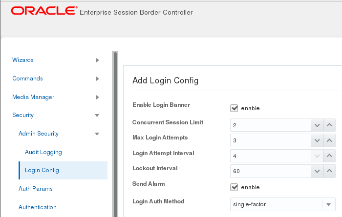 This image is a screen capture of the parameters in login config, including the drop down list for choosing either single factor or two factor authentication.