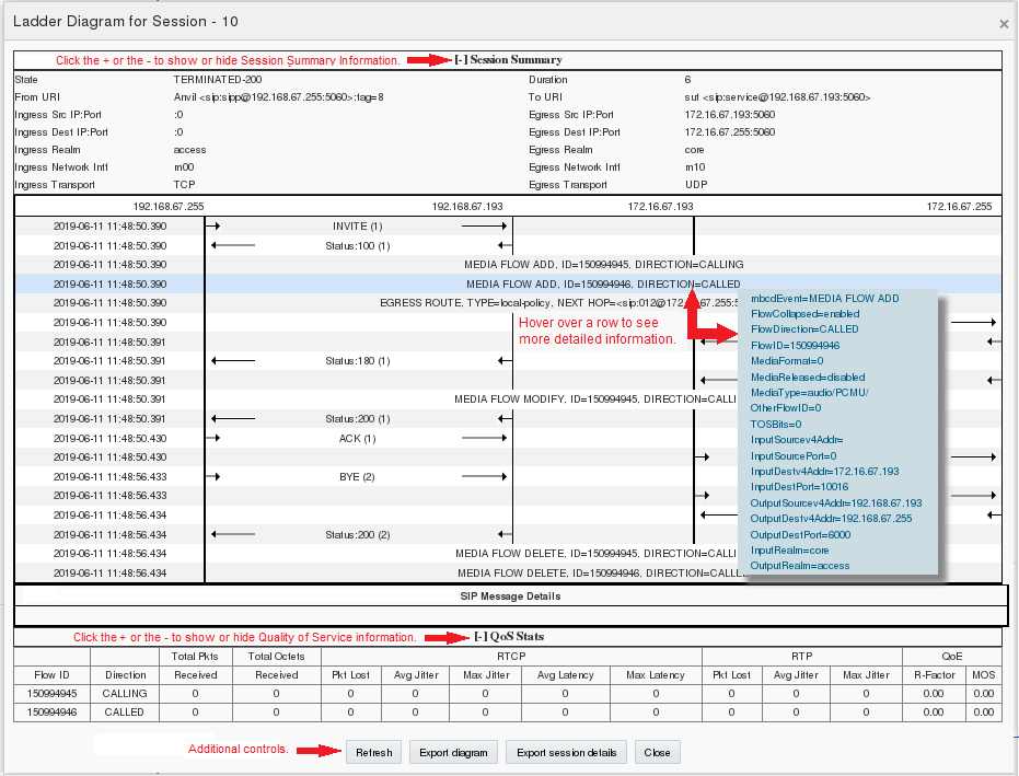 This screen capture shows the controls you can use on a ladder diagram to view session, call flow, and Quality of Service information. This screen capture shows the controls you can use on a ladder diagram to view session, call flow, and Quality of Service information.