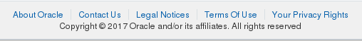 This screen shot shows the links at the bottom of the About page that go to About Oracle. Contact Us, Legal Notices, Terms of Use, Your Privacy Rights, and Copyright Information.