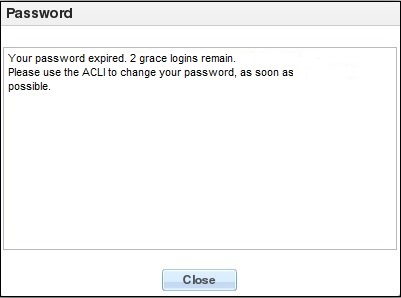 This image is a screen capture of the password expiry notification when the login banner is not enabled. Shows only the password expiry notification. Does not show previous login history.