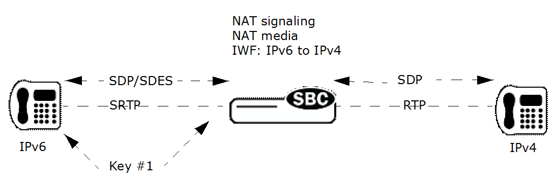 This image shows the SRTP IPv6 endpoints with RTP (unencrypted) IPv4 endpoints.