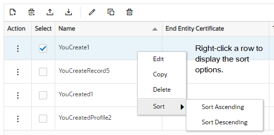 This screen capture shows the menu that displays the sorting choices for the rows, when you right-click on a configuration in a multi-instance configuration list.